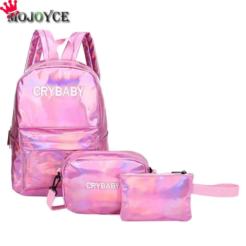 Beste 3 stks set Street Letters Vrouwen Mannen Laser PU Lederen Rugzakken Tiener Student Rits Schouder Schooltassen Composiet Clutch Sac een dos