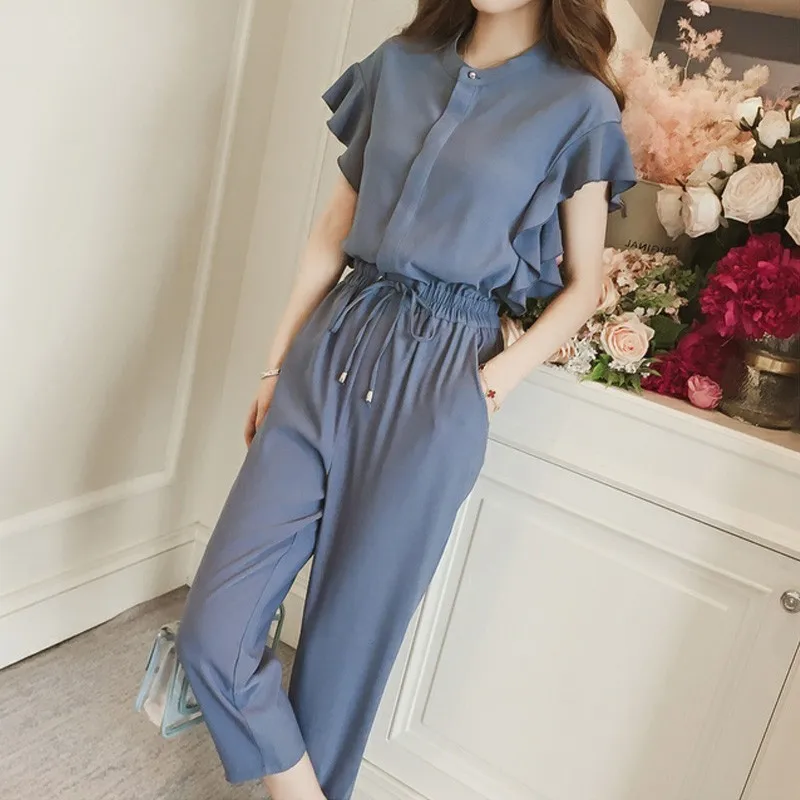 

Formal Chiffon Pant Suit Woman Summer Wear Solid Fashion Blouse+High Waist Ankle Harem Pant Black Blue Plus Size Two Pieces Set