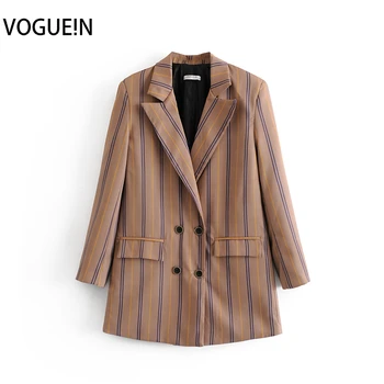 

New Womens Casual Striped Print Coffee Long Sleeve Suit Blazer Coat Outwear