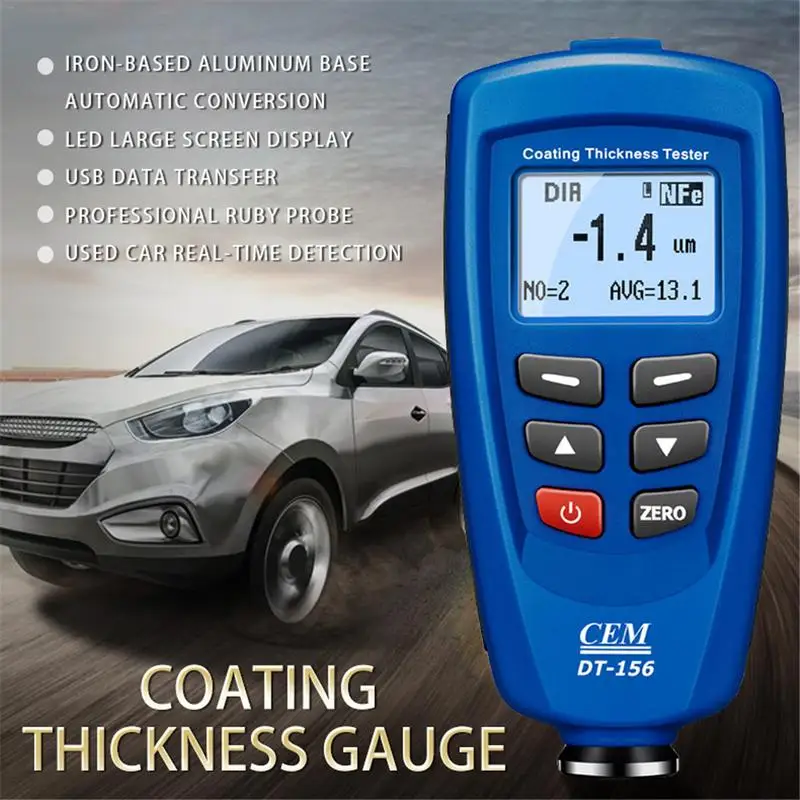 

Large Screen LED Display Digital DT-156 Paint Coating Thickness Gauge Meter Tester 0~1250um For Used Car Real-time Detection