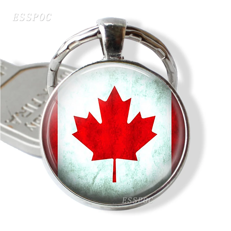 Canadian Flag Keychain Glass Cabochon Metal Maple Leaf Canada Map