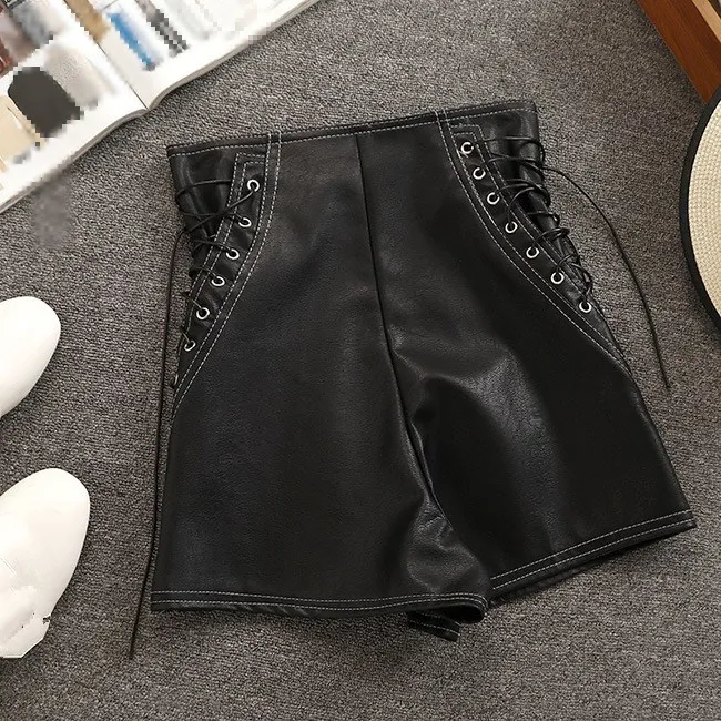 Для женщин весенние пикантные черные сапоги из искусственной кожи широкие брюки шорты для новые свободные Высокая талия сбоку крест повязк