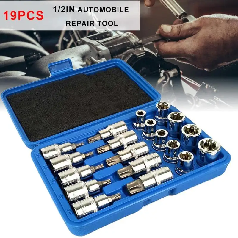 

19pcs 1/2in Metric Bit Socket Set Combination Kit Automobile Repair Tool T20-25-27-30-40-45-50-55-60-70 E10, E11, E12, E14, E16