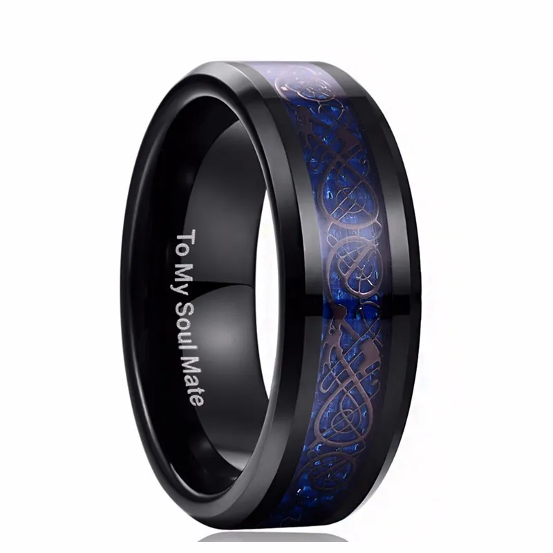

8mm High Polished Blue Opal Carved Dragon Line Men Tungsten Steel Ring Black Men Punk Knuckle Ring