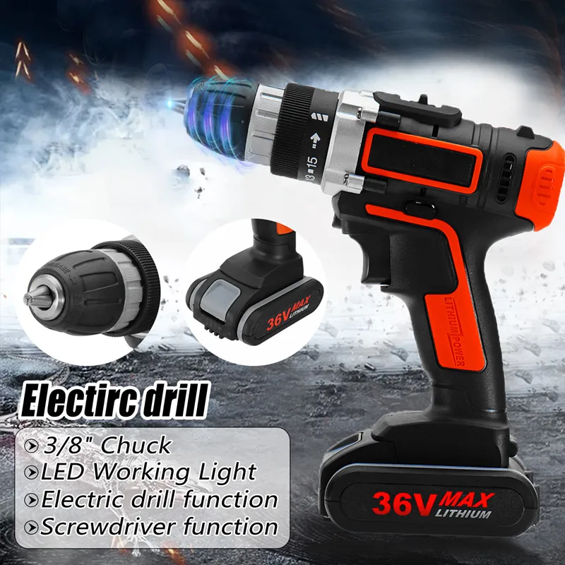 

Doersupp Multi-function 36V Cordless Electric Drill Hammer Daul-Speed Adjustment LED Lighting Electric Drill With Li Battery