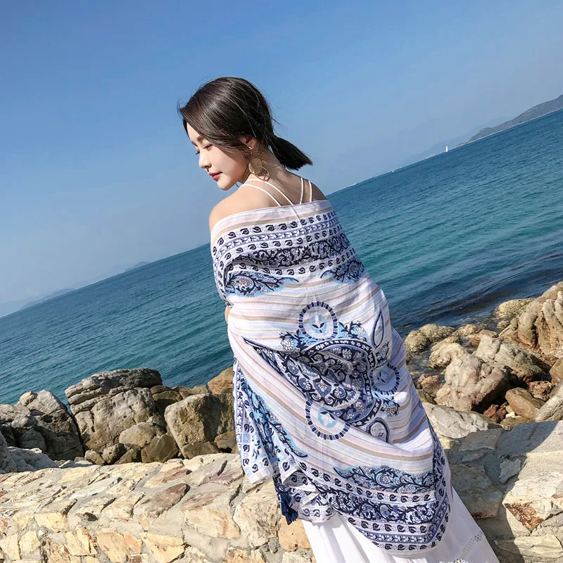 

2019 Summer cotton and linen shawl retro totem travel holiday sunscreen scarf shawl beach towel female