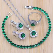Новое поступление, 925 серебряные ювелирные наборы для женщин, для свадебной вечеринки, зеленые Кристальные серьги, браслет, кольца, ожерелье, кулон, набор