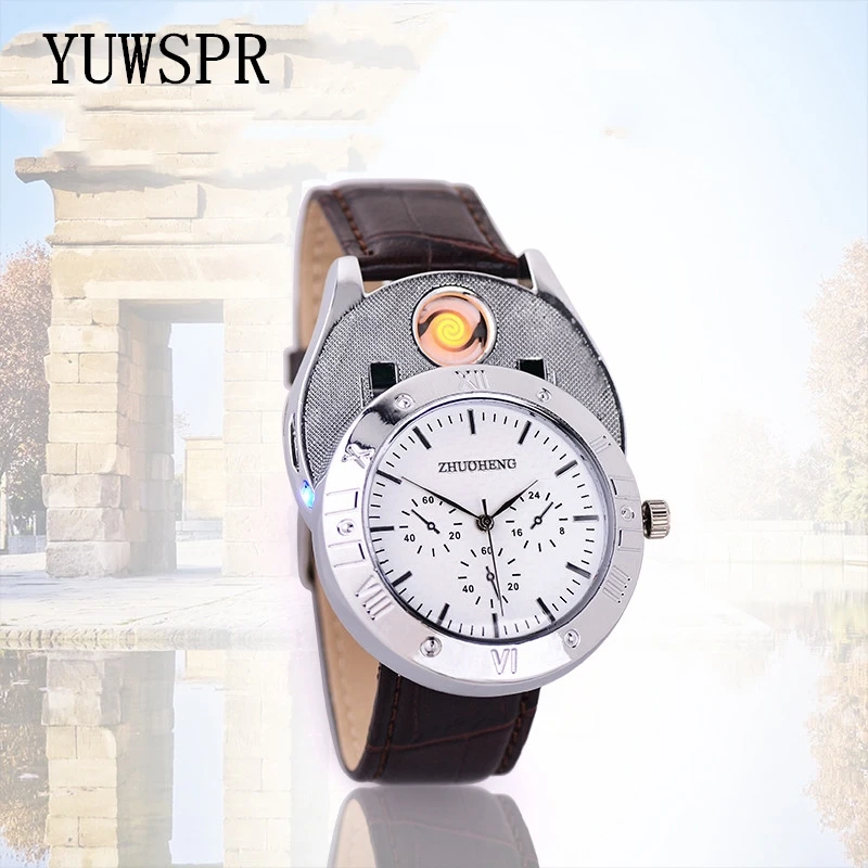 

Cigarette Lighter Watch men USB rechargeable Quartz Watch Military Flameless lighter outdoor male gift Wristwatches JH311