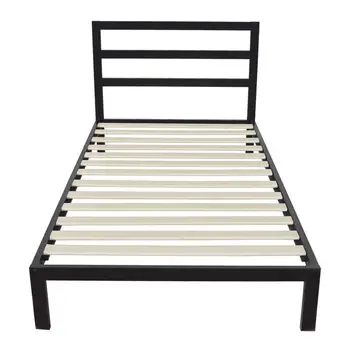 

Home Furniture Square Horizontal Bar Head Of Bed Iron Bed Twin Size Black Wooden Slat Metal Stand Iron Bed