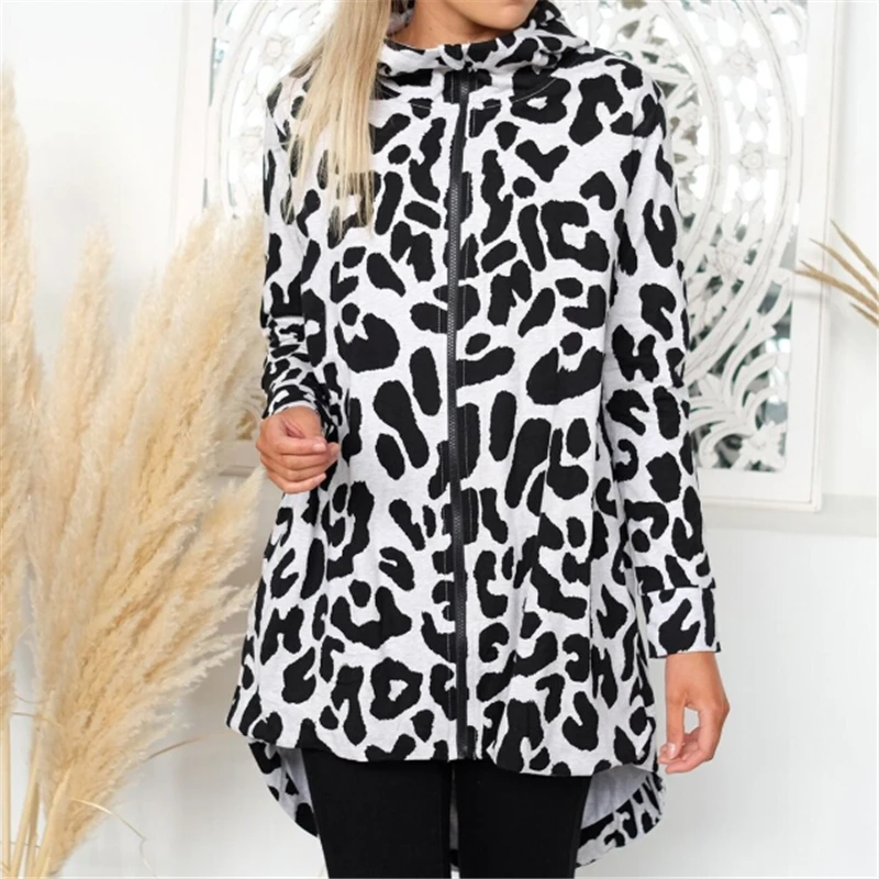 

Fashion Ladies Jackets Leopard Print Coat Women Hooded Jacket Zipper Coat Tops Winter Womens Outerwear Coats Long Ladies Coats