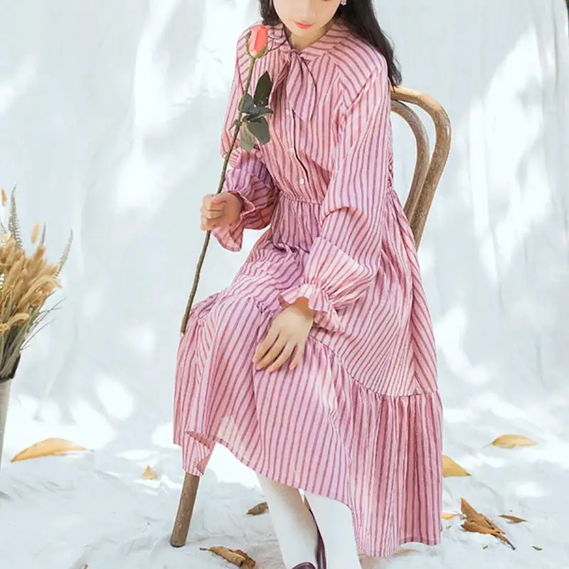 Striped Shirt Dress Female Long Sleeve Fall Spring Thin Fitness Slim Kawaii Vintage Retro Cute Dresses For Women