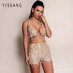 Yissang кисточкой пикантные женский костюм из двух предметов Лето 2018 г. Эластичный Bodycon шорты с перьями брюки для девочек укороченный Топы