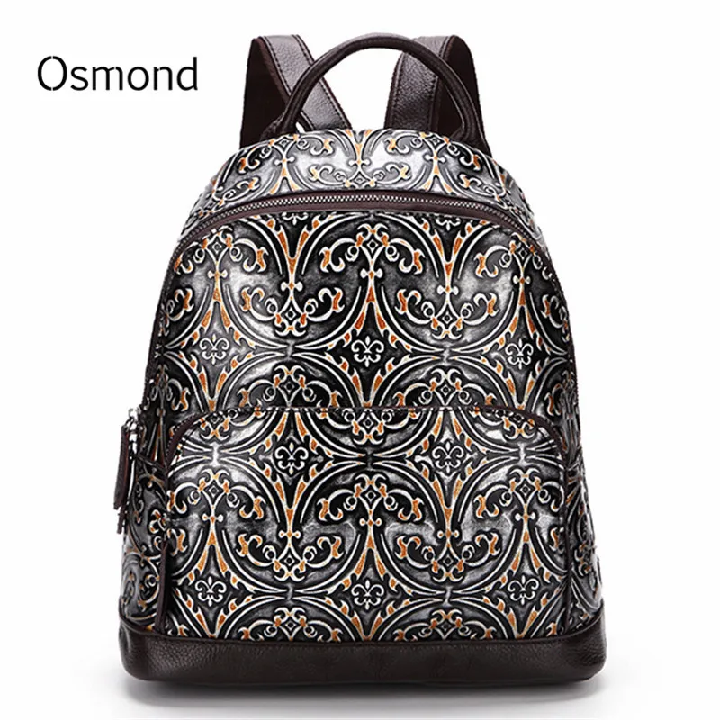 

Osmond Women Genuine Leather Back Pack Female Embossed Backpack Vintage School Bag For Girls Cowhide Knapsack Ladies Travel Bags
