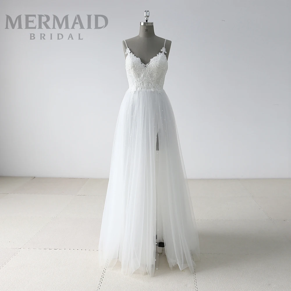 

New spaghetti straps beach bohemian wedding dress With split skirt