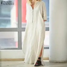 Винтажное льняное Макси платье ZANZEA женские летние платья женские с v-образным вырезом и коротким рукавом Длинные платья Кафтан раскол женское платье 5XL