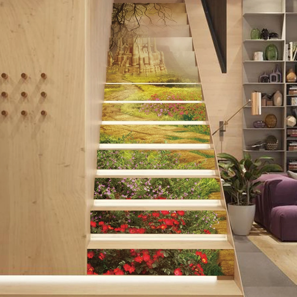 

13pc/set 3D Fall Landscape Pattern Stairs Stickers European PVC Self-adhesive Wallpaper Waterproof Door Decoration Sticker Mural