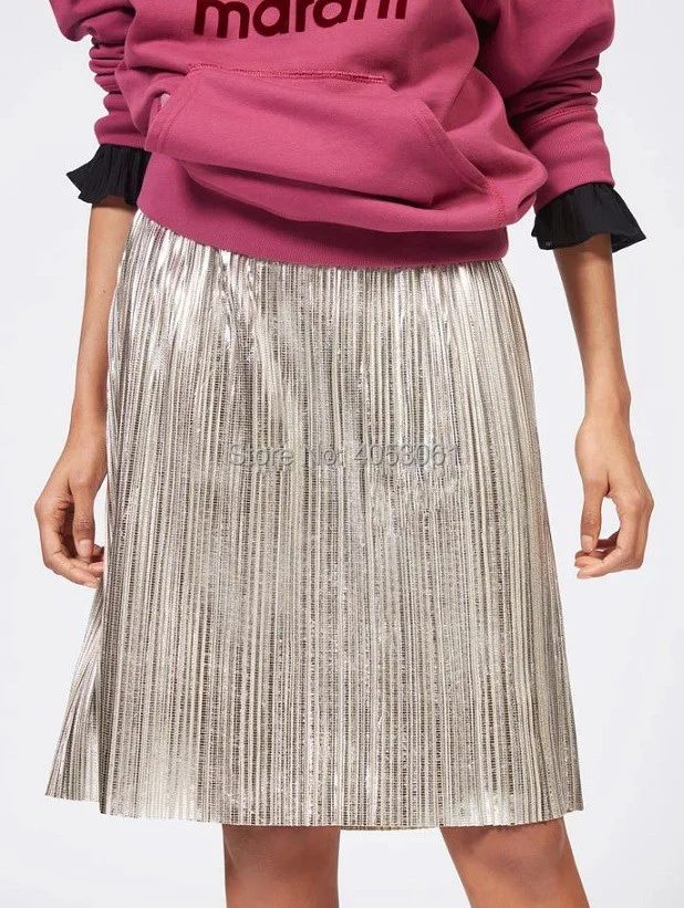 

Shining Silver Elastic Waist Pleated Midi Skirt - 2019 Spring Summer Skirt