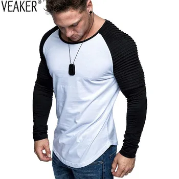

2019 New Men's Long Sleeve Fitness T shirts Male High Street White Black Pleated Patchwork T shirt tops Men Summer tshirt