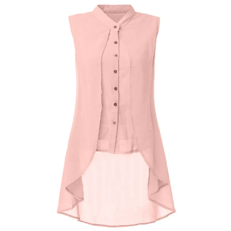 

Sleeveless Women's Summer Blouse Casual Slim Slit Irregular Plus Size Shirt Solid V Neck Chiffon Blouses