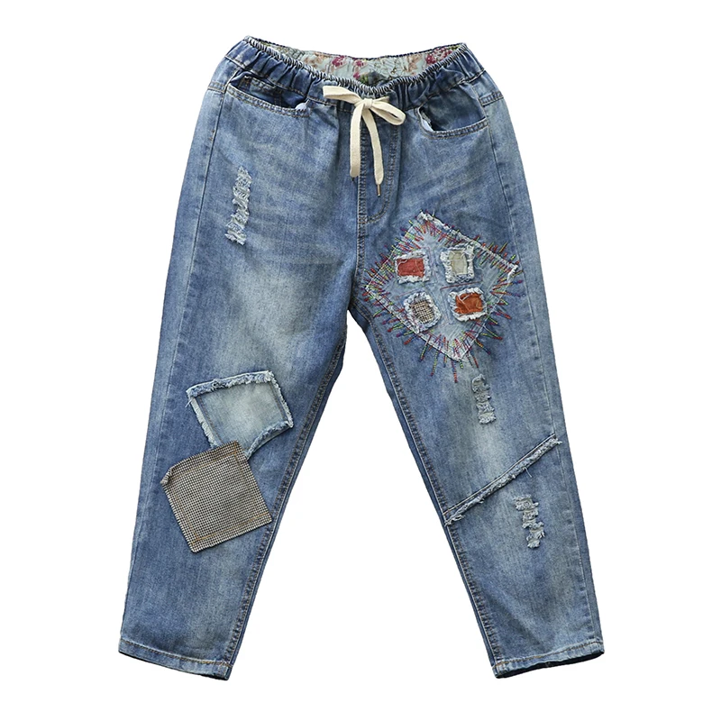 

Vintage High Waist Ripped Holes Jeans Woman 2019 Spring Fashion Boyfriend Jeans For Women Blue Embroidery Denim Pants