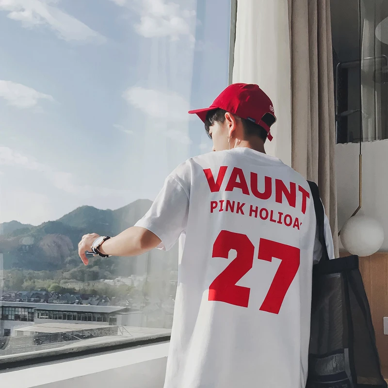 

Men's T-shirt 2019 spring new thinking print short-sleeved loose casual seven-point sleeve round neck youth men's clothing