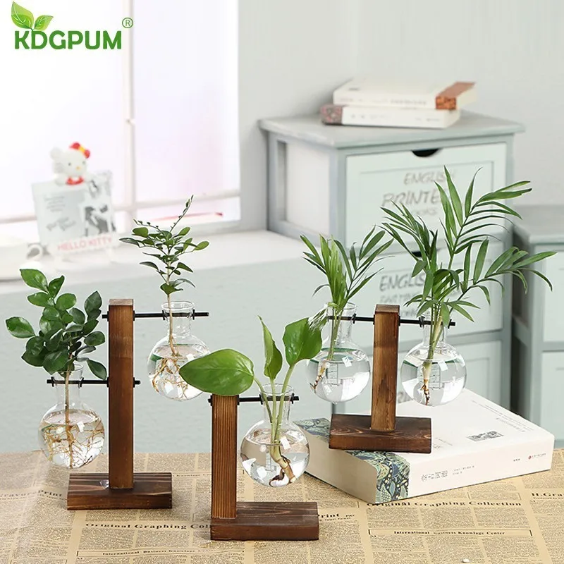 

Hydroponic Plant Vases Vintage Flower Pot Glass Wood Transparent Vase Tabletop Plants Planter Home Bonsai Decor Gift for Friend