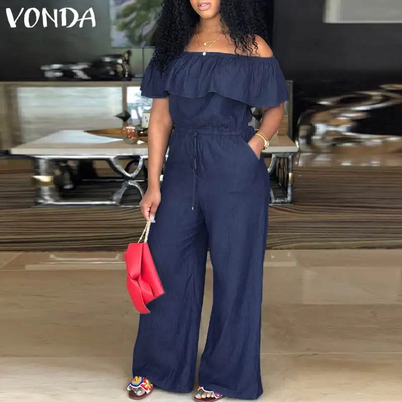 

VONDA 2019 Summer Women Denim Rompers Jumpsuit Casual Slash Neck Off Shoulder Ruffles Playsuits Overalls Plus Size Wide Leg Pant