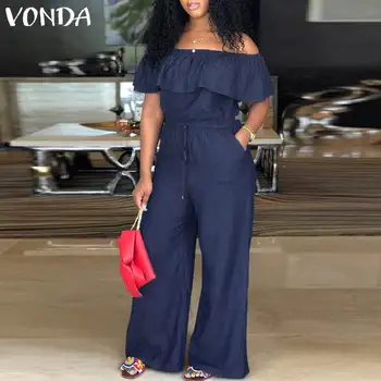 

VONDA 2020 Summer Women Denim Rompers Jumpsuit Casual Slash Neck Off Shoulder Ruffles Playsuits Overalls Plus Size Wide Leg Pant