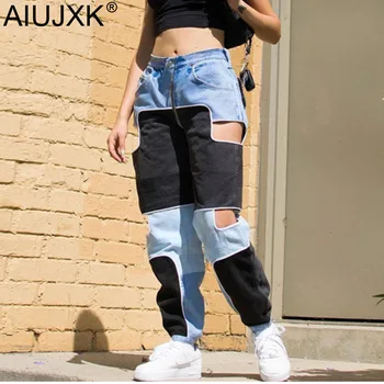 

AIUJXK 2019 Spring Summer Fashion Trendy Patchwork Hollow Out Casual Pants Women Streetwear Zipper Cotton Long Loose Trousers