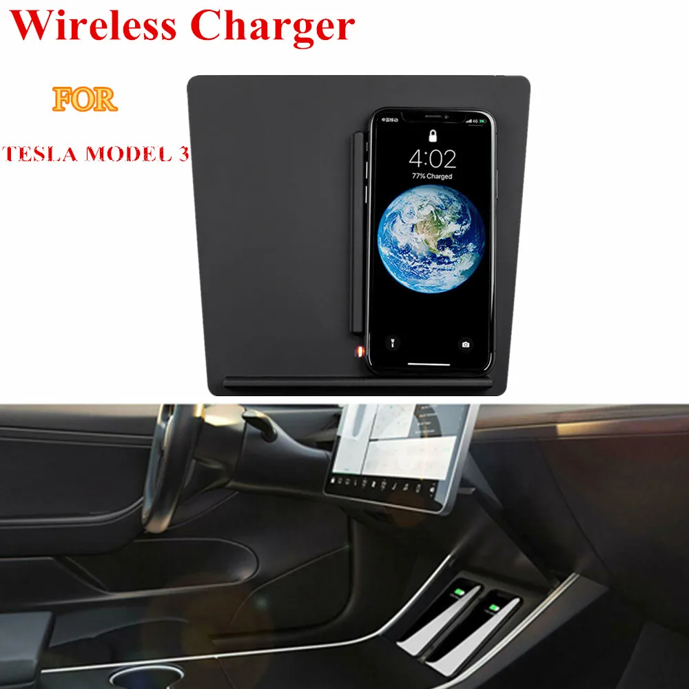 

Wireless Phone Charger Dual USB Port Dual Fast Charger For Tesla Model 3 Center Console Wireless Charging Pad Led Charging Light