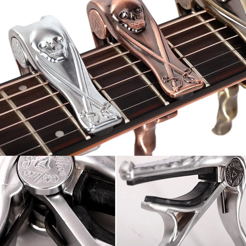 

Alice Aluminum Alloy Metal Guitar Clamp Capo Quick Change Trigger Key Silver Skull Tuner For Folk Acoustic Guitar Accessories