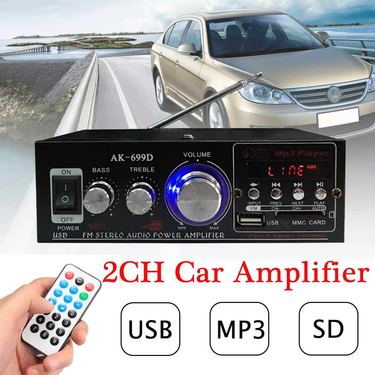 180W+180W Power 2 Channel USB Black Car Audio Amplifier HiFi Amp with