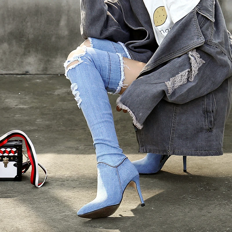 

2018 Hot Winter Shoes Woman Boots Denim Super High Thin Heels Pointed Toes Over The Knee Boots Fashion Cozy Tipe Shoes Woman