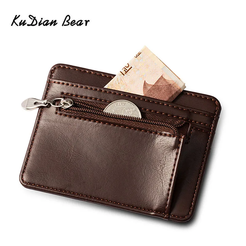 KUDIAN BEAR Leather Mini Wallet Zipper Brand Designer Slim Wallet Men Card Holder Korean Bilfold Clamps for Money BIH106 PM49
