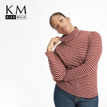 Kissmilk Plus Size Simple casual basic style bottoming contrast pinstripe high collar T-shirt Kissmilk Plus Size Simple casual basic style bottoming contrast pinstripe high collar T-shirt