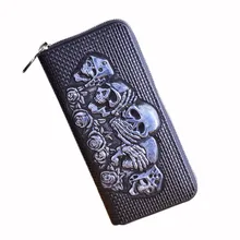 

Mens Wallets Luxury Skeleton Head Embossing Genuine Leather Wallet Men's Leather Retro Wallet Long With Phone Case Tarjetero