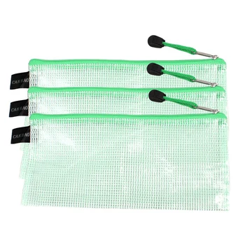 

School Office with Zipper of Records Pen Receipts Bag Transparent Green 3 Pieces
