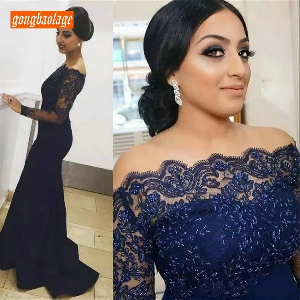 

Exquisite Navy Blue Mermaid Evening Dress 2019 Long Prom Dresses Beaded Lace Zipper Elastic Satin Floor Length Formal Party Gown