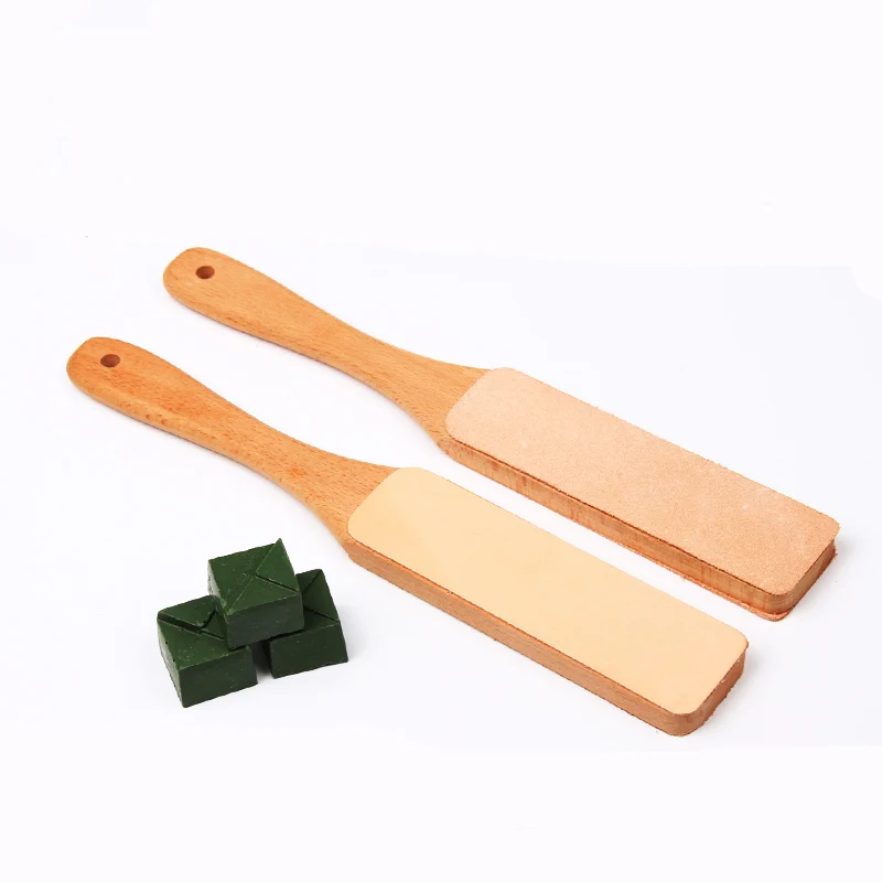 

2PCS Wood Handle Leather Sharpening Strop Knife Razor Polishing Board with Polish Compound 2 Sided Made From Veg Tanned Cowhide