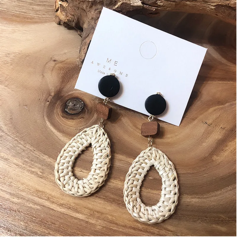 

2019 Korea Fashion Bohemian Round Straw Woven Dangle Earrings For Women Geometric Water Drop Exaggerate Round Pendant Jewelry