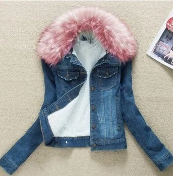 

Autumn Winter Women Fur Collar Denim Coat New Single Breasted Cashmere Slim Jacket Warm Thickening Plus Size Overcoat