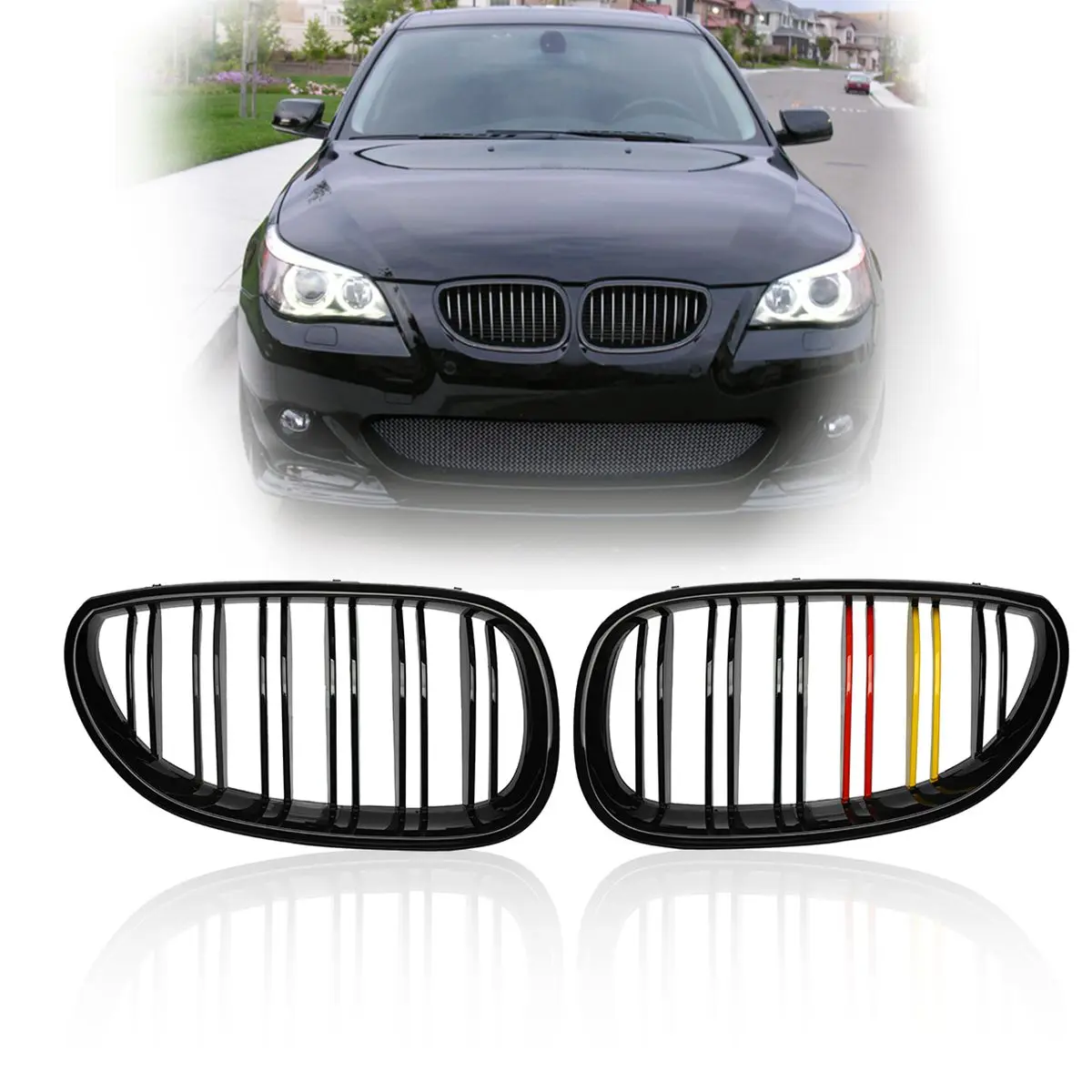 

For BMW E60 E61 525i 528i Pair Gloss Black M-Color Yellow And Red Color Double Slat Front Kidney Grilles