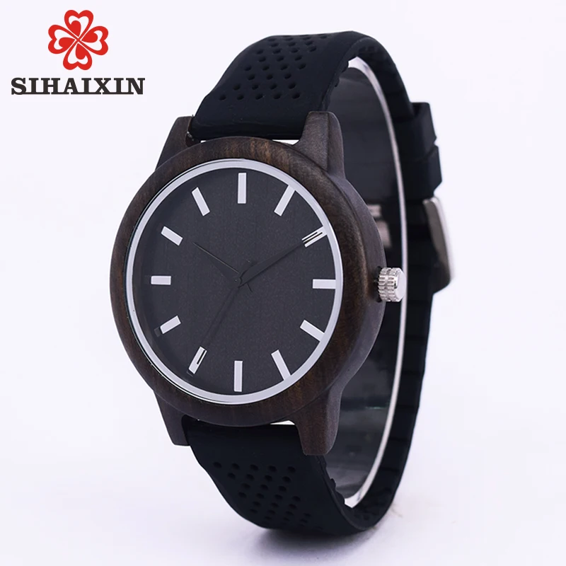 

SIHAIXIN Bamboo Wood Watch Men Women Natural Silicone Black Quartz Wooden Clock Man Lady Accept Dropshipping Reloj de madera