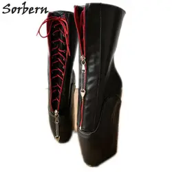 Sorbern/Черные ботильоны с красным кружевом ремешки балетные костюмы клин обувь унисекс на заказ широкий подходят сапоги для дам Heelless высокие