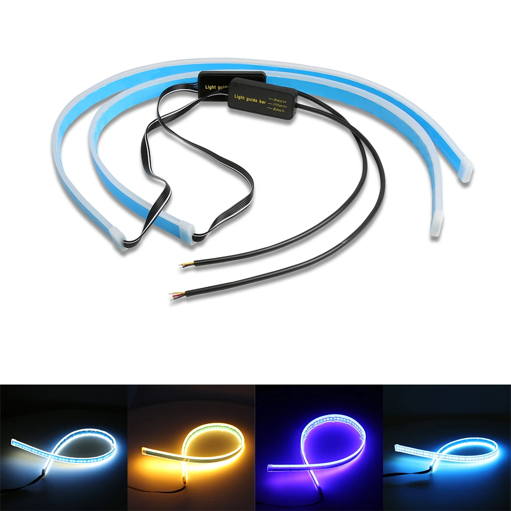 Goedkoop 2x30 cm 45 cm 60 cm Twee Kleur Auto Drl Flexibele LED Strip Licht Waterdicht Richtingaanwijzer DRL turn Running Lamp Geel Vloeiende 12 v