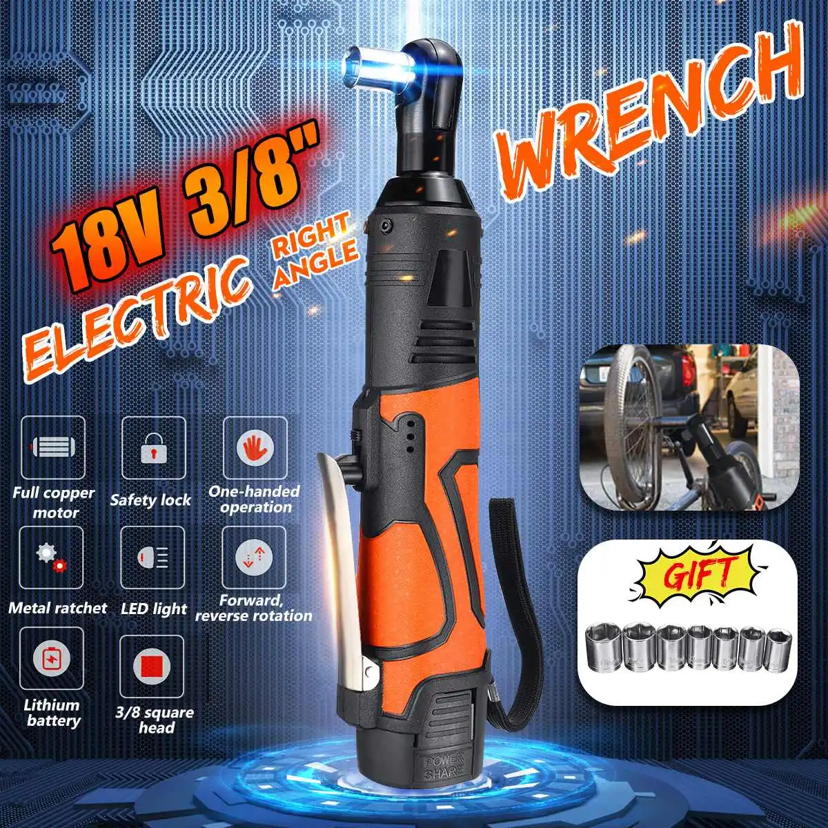 

Portable 18V Cordless Electric Wrench 3/8'' 60N.m Rechargeable Ratchet 90 degree Right Angle Wrench Power tools Set