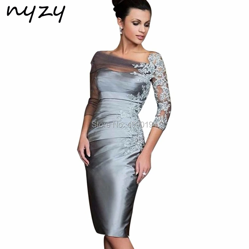 NYZY C84 Satin Pleats 3/4 Sleeves Lace Robe Cocktail Dresses Gray Formal Dress Wedding Party Dress vestido coctel mujer