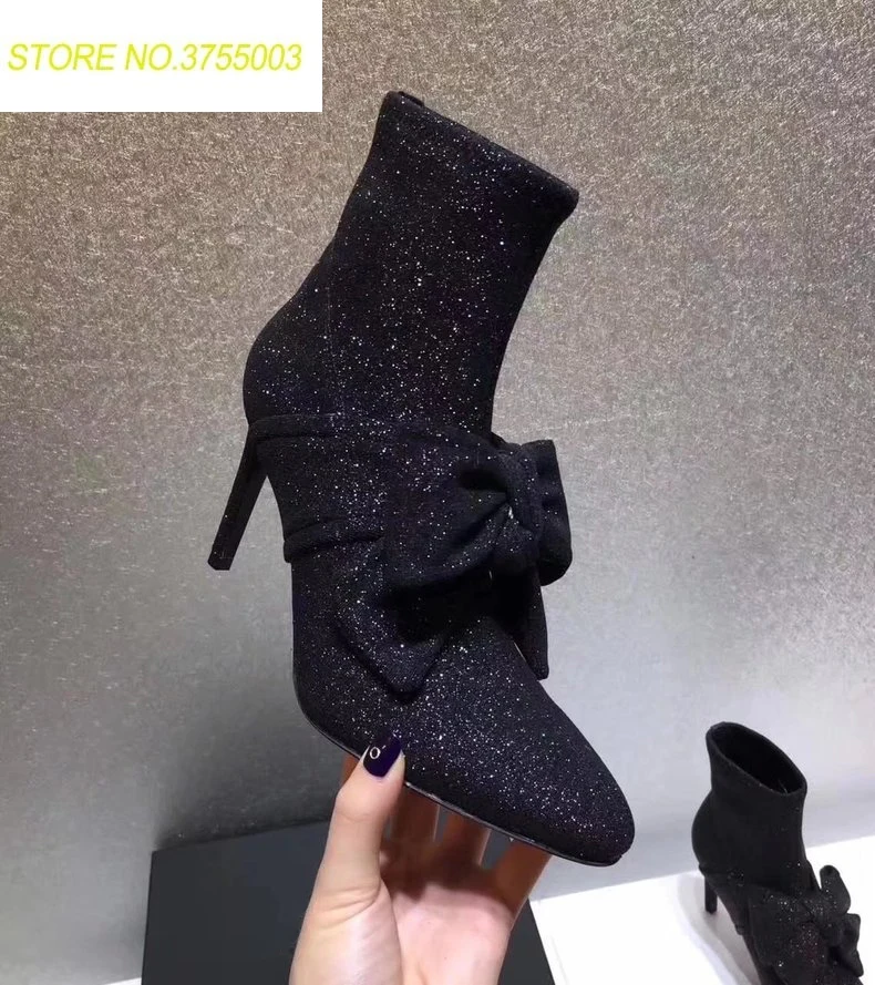 

2018 Newest Glitter Stretch Fabric Women Fashion Ankle Boots Sexy Bow High Heel Boots Ladies Slip On Socks Boots Stiletto Boots