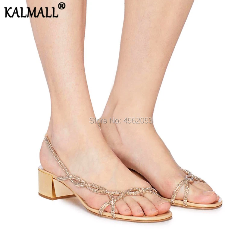 

KALMALL Sandale Femme 2019 Elastic Slingback Strap Open Toe Low Block Heel Casual Shoes Summer Crystals Rhinestone Beach Sandals