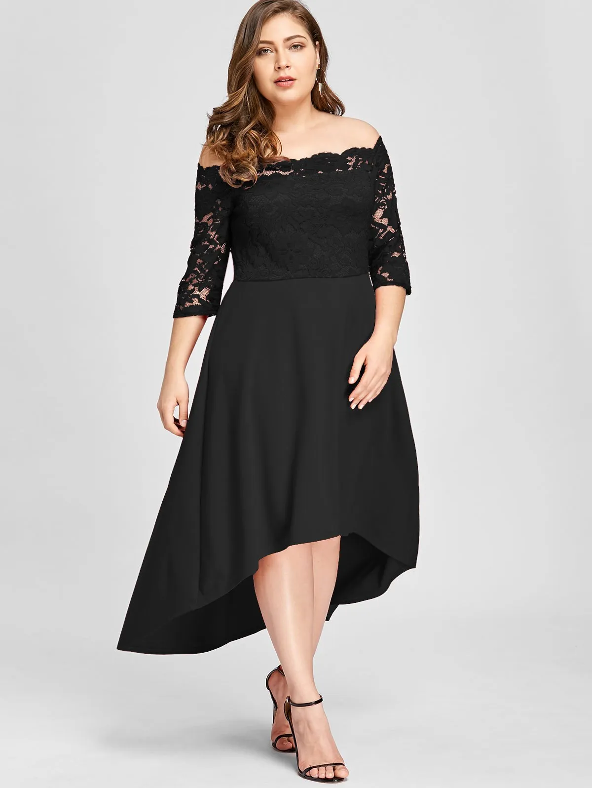 

Plus Size 5XL Women Off Shoulder Dress High Low Lace Patchwork Dress Elegant Asymmetric Long Party Dress